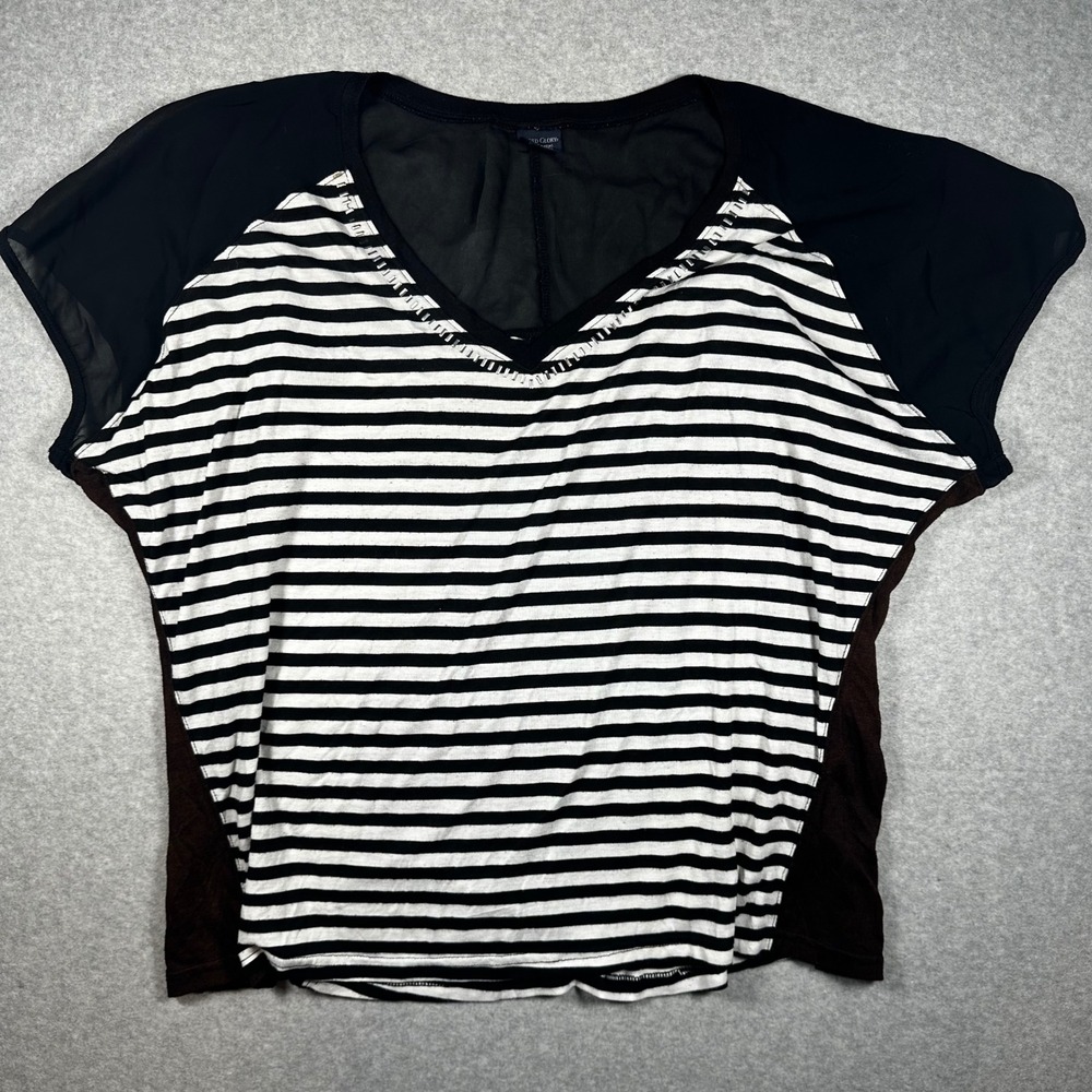 Faded Glory Womens 4X Black White Striped V-Neck Short Sleeve Raglan Top Blouse